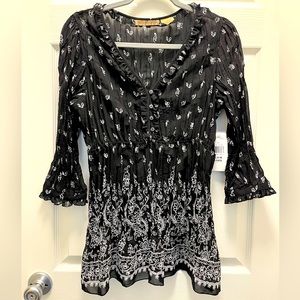 NEW Notations Black and White Babydoll Paisley Two-Layer Long Sleeve Blouse